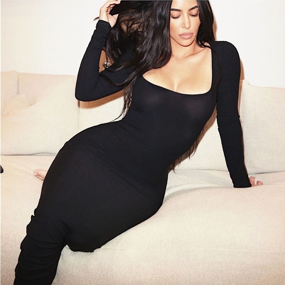Skims Soft Lounge Long Sleeve Ribbed Maxi Dress Onyx Black Small